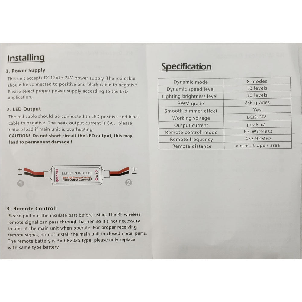 Single Color RF Controller and Remote (Direct Wire)